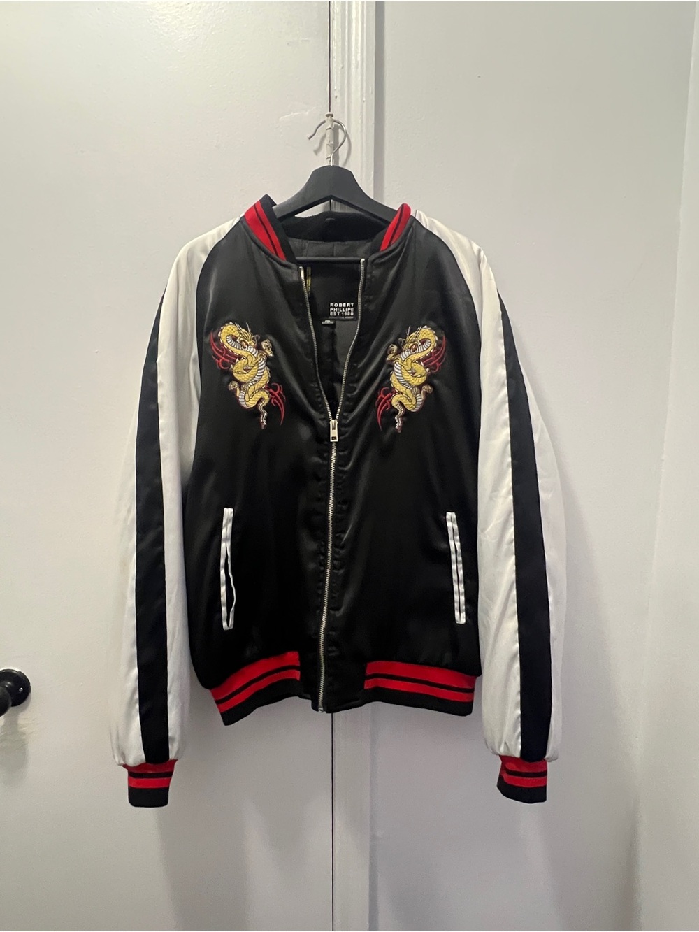 Men's Black & White Embroidered Dragon Bomber Jacket - (Brand)